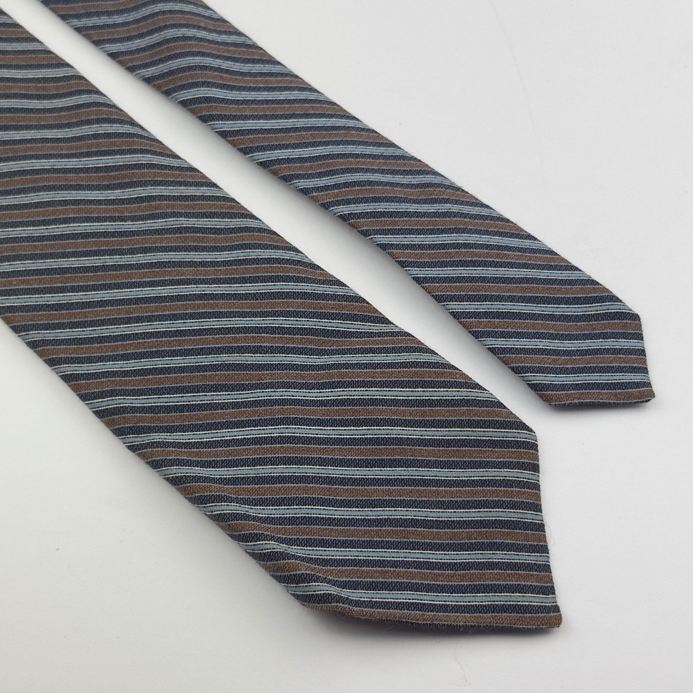 Esquire‎ Mens Blue Brown Striped Wool Silk Blend Necktie Vintage Classic Preppy